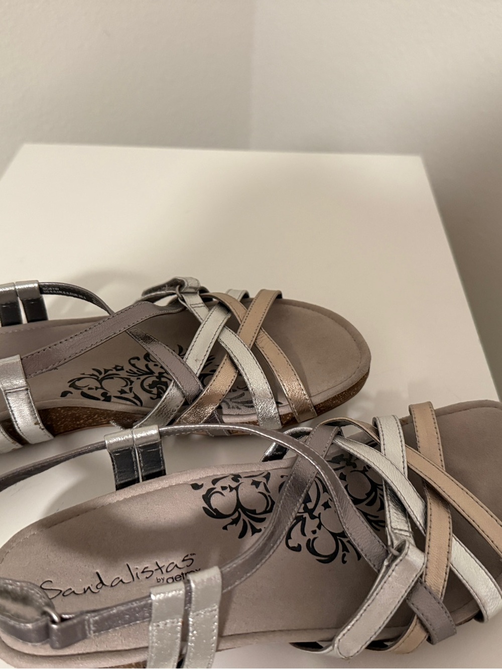 Women's Metallic Silver and Taupe Strappy Sandals